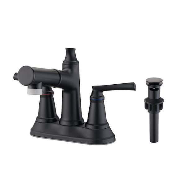 4 in. Centerset Double Handle Bathroom Faucet with Pull out Sprayer Drain Kit Included in Matte Black
