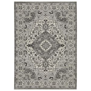 Channing Gray/Ivory Doormat 3 ft. x 5 ft. Oriental Floral Medallion Polyester Fringe Edge Indoor Area Rug
