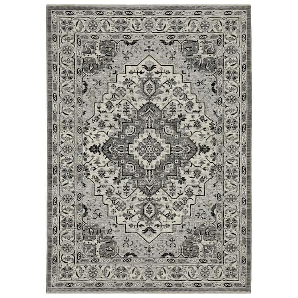 AVERLEY HOME Channing Gray/Ivory 5 ft. x 8 ft. Oriental Floral Medallion Polyester Fringe Edge Indoor Area Rug