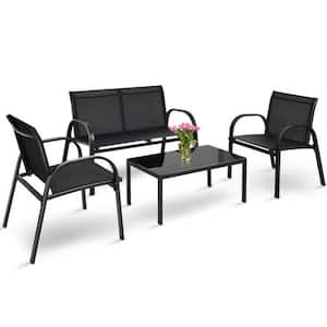 4-Piece Black Metal Patio Conversation Set Furniture Set with Glass Top Coffee Table