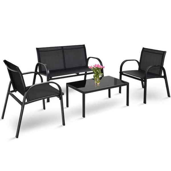 Clihome 4-Piece Black Metal Patio Conversation Set Furniture Set with Glass Top Coffee Table