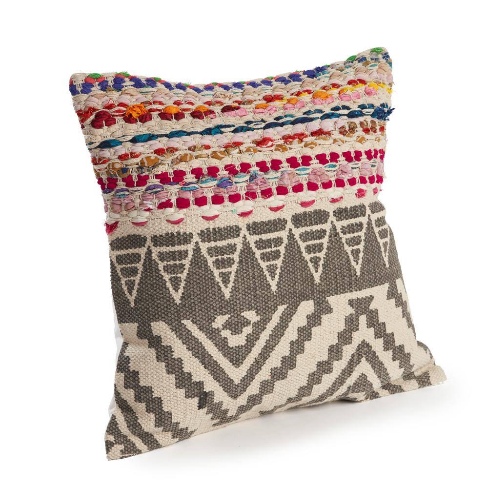 Boho Chic Embroidered Square Throw Pillow 18"x18" in Blue & Beige