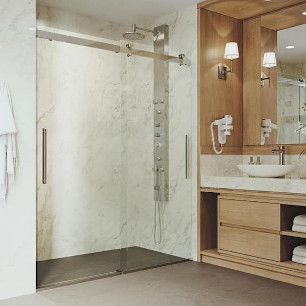 VIGO Caspian 59 to 61 in. W x 74 in. H Sliding Frameless Shower Door in Stainless Steel with 3/8 in. (10mm) Clear Glass
