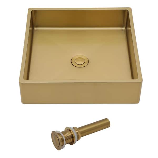 LORDEAR 15x15 in. Topmount Vessel Sink Square Bathroom Sink with Drain in Yellow Gold