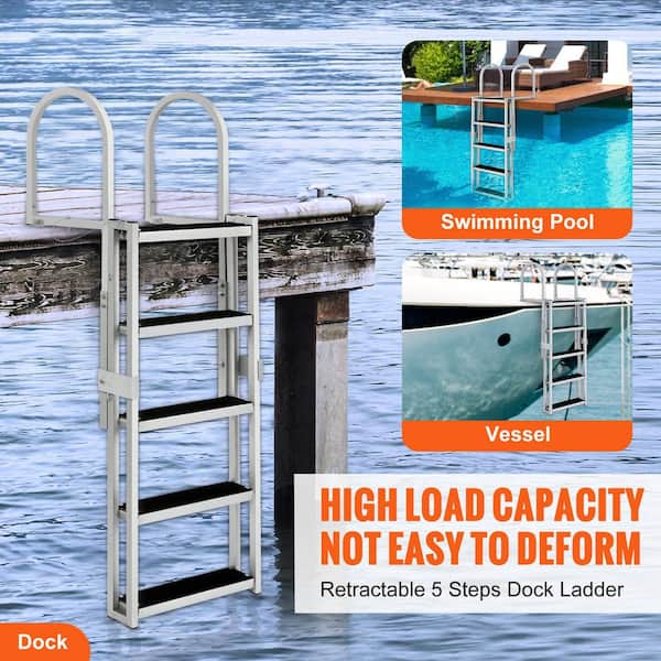 Retractable Dock Ladder 5-Steps 3.1 in. Wide Standard Adjustable Swim Ladder Aluminum 350 Lbs Load, Dock Ladder