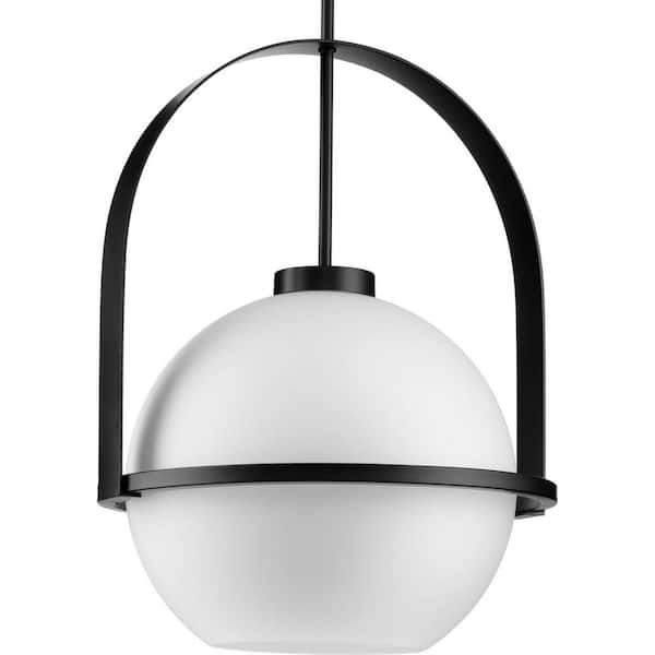 Progress Lighting Delayne Collection 21 in. 1-Light Matte Black Pendant Light with Etched Opal Shade Modern for Kitchen