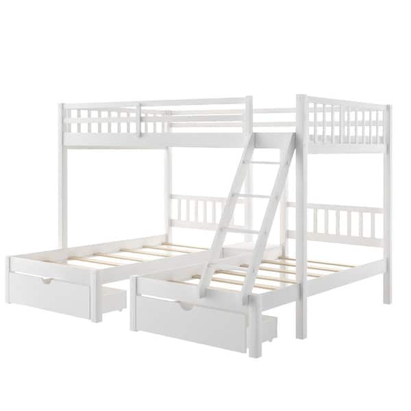 Angel Sar White Full Over Twin and Twin Triple Bunk Bed with Drawers