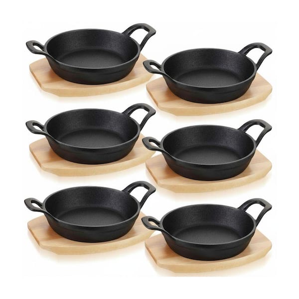 6-Piece Black Cast Iron Skillet Set with Wooden Base Rustic Finish Versatile for Induction Gas Oven Cooking