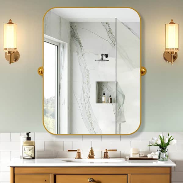 Lirago 24 in. W x 32 in. H Rectangular Metal Framed Pivoted Bathroom Wall Vanity Mirror in Gold