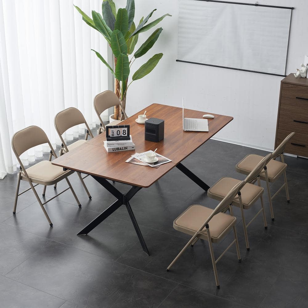 Set of 6 Light Brown Faux Leather Armless Folding Chairs with Metal Frame