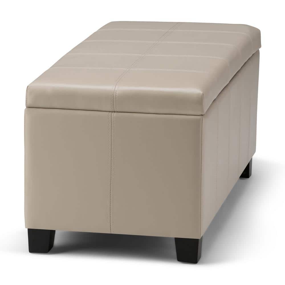 Satin Cream Faux Leather Rectangular Storage Bench Ottoman