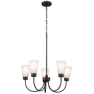 Erma 24 in. 5-Light Black Traditional Shaded Circle Dining Room Chandelier with Satin Etched Glass Shades
