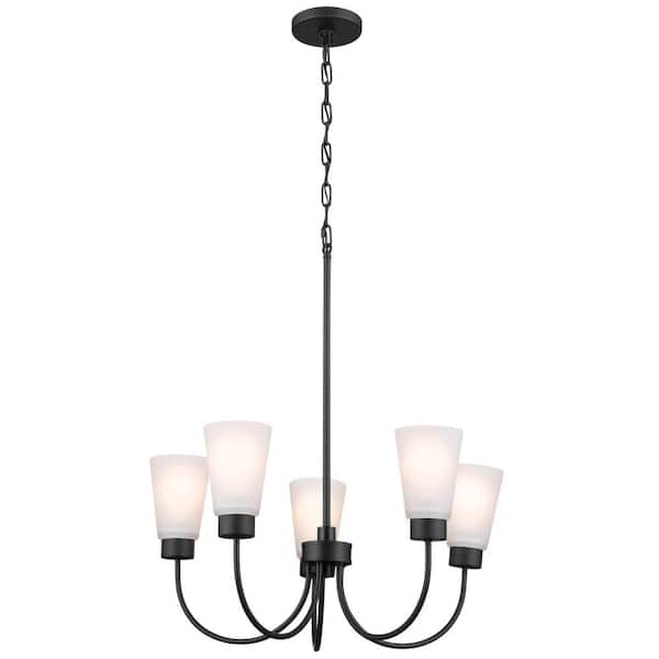 KICHLER Erma 24 in. 5-Light Black Traditional Shaded Circle Dining Room Chandelier with Satin Etched Glass Shades