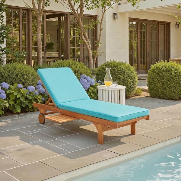 Newport Natural 1-Piece Wood Outdoor Chaise Lounge Chair with Aqua Cushion