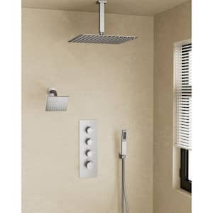 Thermostatic Valve 7-Spray 16 in. and 6 in. Dual Ceiling Mount Shower Head and Handheld Shower 2.5 GPM in Brushed Nickel