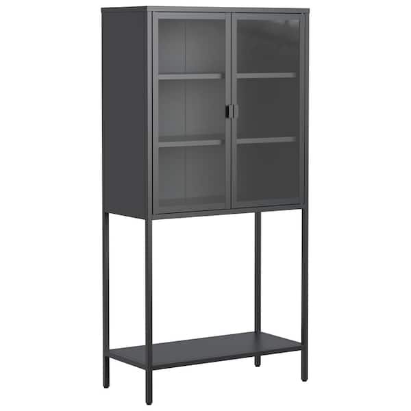 59 in. Tall Black Heavy Duty Metal Cabinet, Modern Display Storage Cabinet with 2 Glass Doors and 2 Adjustable Shelves