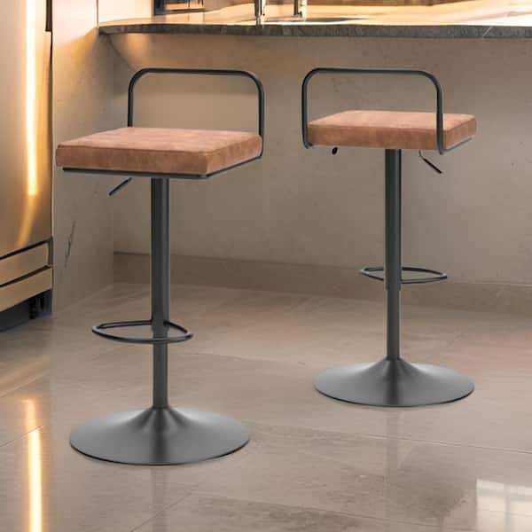 Benjara 30.13 in. Brown and Black Low Back Metal Frame Bar Stool with Faux Leather Seat (Set of 2)