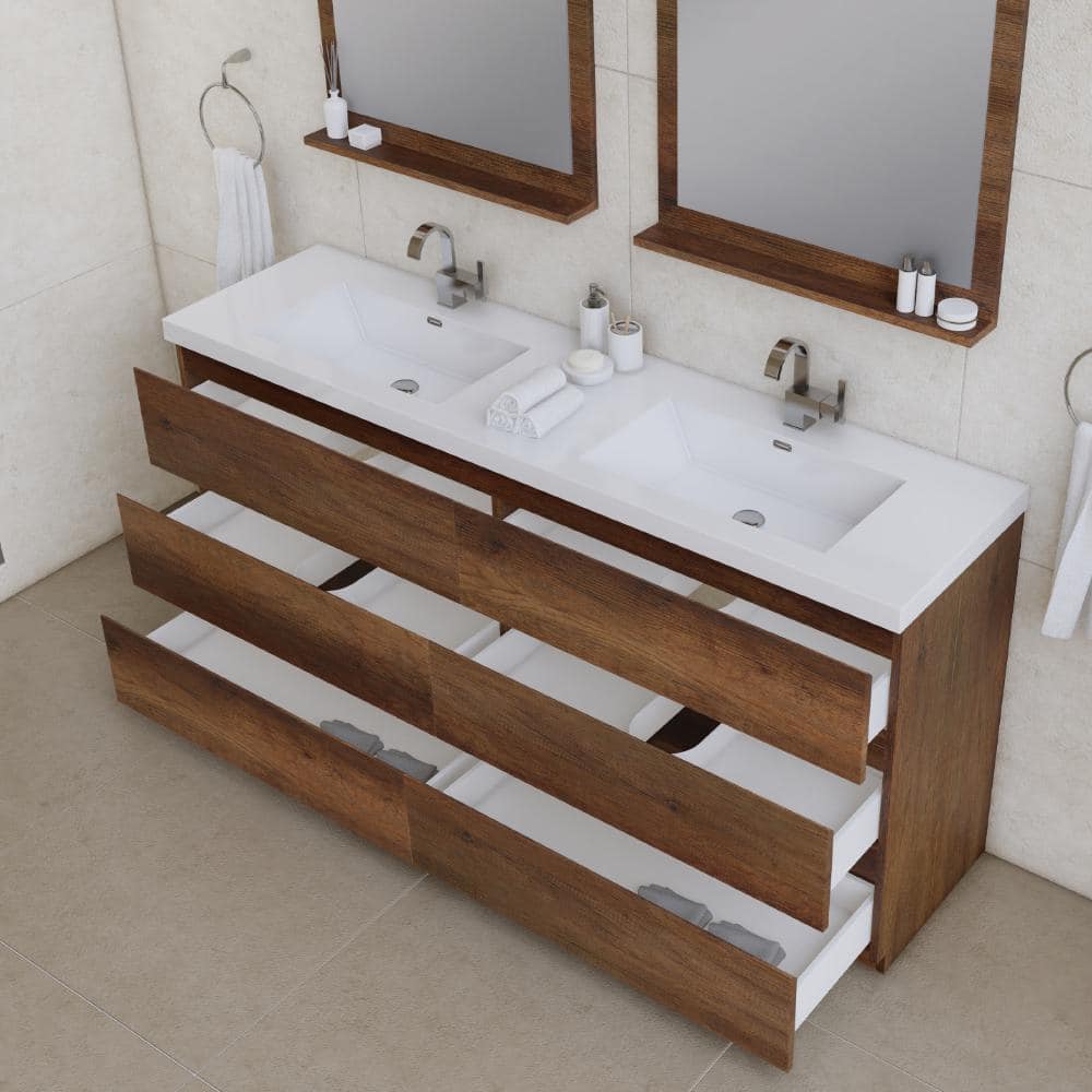 Paterno 72" Rosewood Brown MDF Freestanding Double Sink Bathroom Vanity