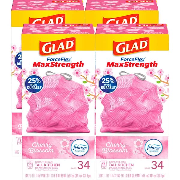 13 Gallon ForceFlex MaxStrength Tall Kitchen Drawstring Cherry Blossom with Febreze Pink Trash Bags (34-Count, 4-Pack)