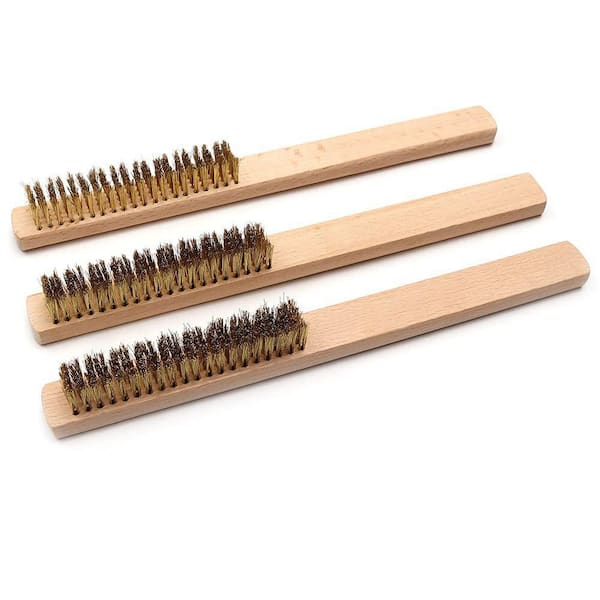3-Piece Brass Bristle Wire Brush Set for Cleaning Metal Rust and Welds with 10-in. Beechwood Handle