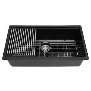 Loile 32 in. Undermount Single Bowl Black Granite Composite Kitchen Sink with Grid, Strainer, Rack and Cutting Board