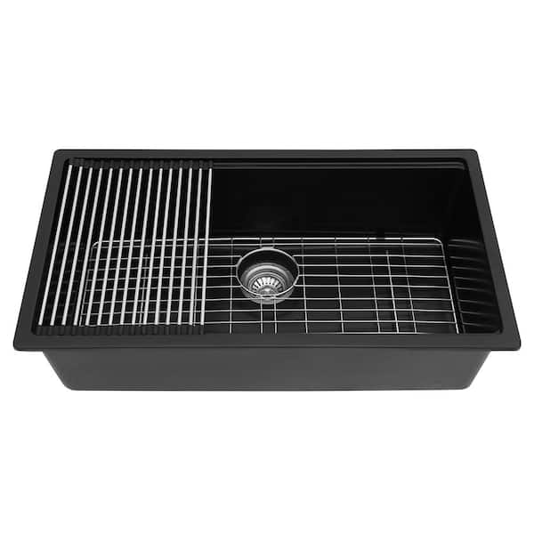 Modland Loile 32 in. L Undermount Single Bowl Black Granite Composite Kitchen Sink with Grid, Strainer, Rack and Cutting Board