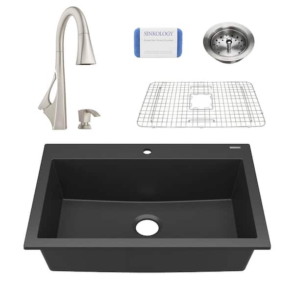 SINKOLOGY Camille All-in-One Drop-In Granite Composite 33 in. 1-Hole Single Bowl Kitchen Sink with Faucet and Drain in Matte Black