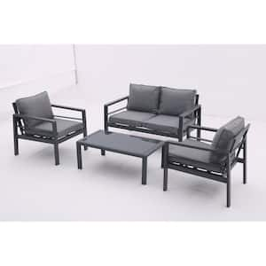 4-Piece Aluminum Outdoor Patio Lounge Sofa Set with Removable Gray Cushions and Tempered Glass Coffee Table