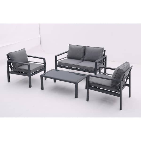 FIROMO 4-Piece Aluminum Outdoor Patio Lounge Sofa Set with Removable Gray Cushions and Tempered Glass Coffee Table