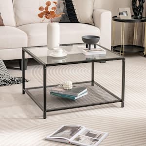 27.5 in. Black Square Glass Coffee Table 2-Tier with Mesh Shelf Living Room