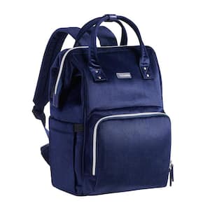 13.38 in. Navy Velvet Stitching Diaper Backpack Large Capacity Tote Shoulder Nappy Organizer with Insulated Pockets