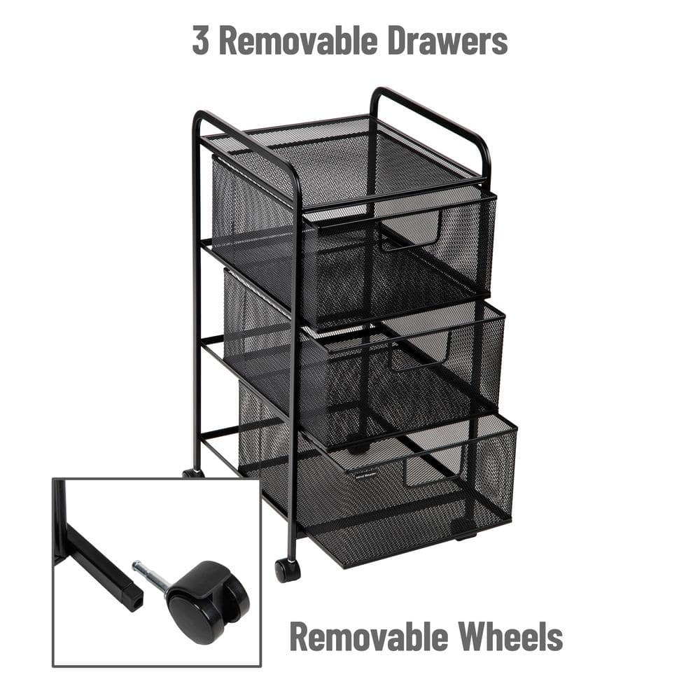 Black Metal Mesh 3-Drawer Rolling Storage Trolley