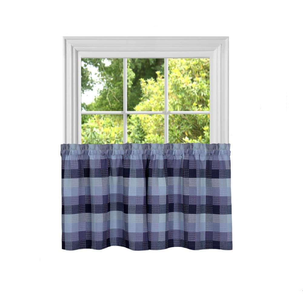 Blue Plaid Light-Filtering Cotton Polyester Window Curtain Tier Pair