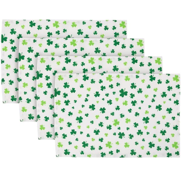 Shamrock St. Patrick's Day Polyester Placemats-12 in. x 8 in.-White and Green-Set of 4