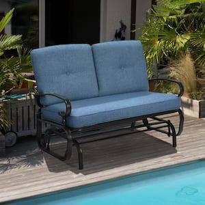 Metal Swing Glider Chair Rocking Loveseat Patio Bench for 2-Persons with Blue Cushions