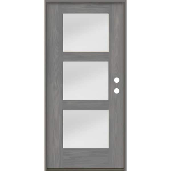Krosswood Doors BRIGHTON Modern 36 in. x 80 in. 3-Lite Left-Hand/Inswing Satin Glass Malibu Grey Stain Fiberglass Prehung Front Door
