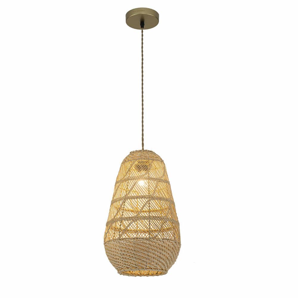 Kai 60 Watt 16 in. 1-Light Gold Coastal Boho Japandi Pendant Light for Bedroom with Rattan Shade price history on PriceWatchPro