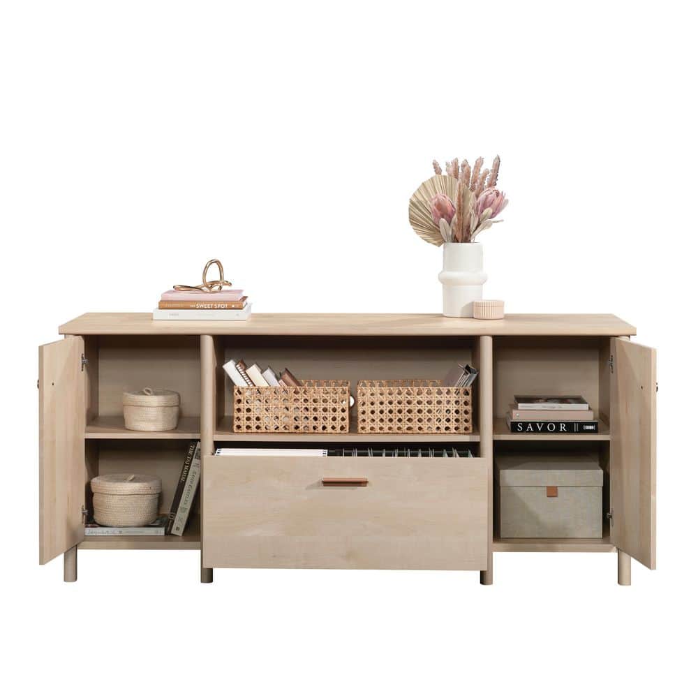 Natural Maple Wood Office Credenza with Drawer and Filing Cabinet