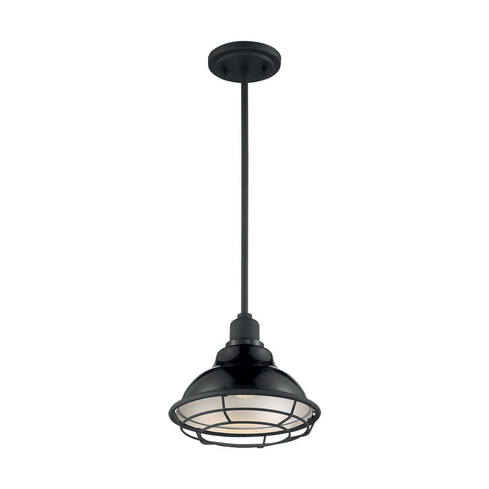 Gloss Black and Silver Industrial Pendant Light with Metal Cage