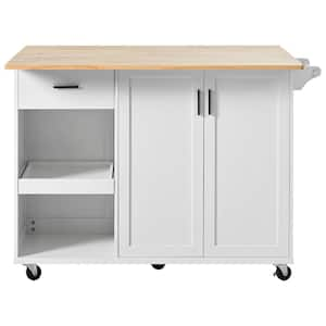 White Wood Kitchen Island Kitchen Cart with Slide-Out Shelf and Foldable Counter Top