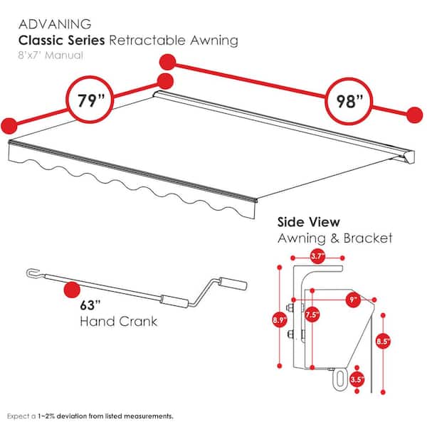 Advaning - 8 ft. Classic Series Semi-Cassette Manual Retractable Patio Awning, Canvas Umber (7 ft. Projection)