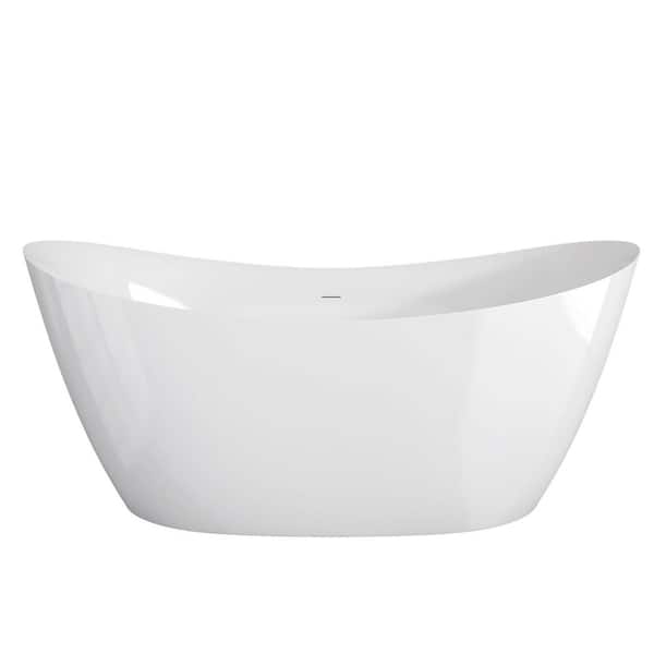 55 in. x 28.5 in. Freestanding Deep Soaking Bathtub White Double Slipper Bath Tub with Center Drain in Polished Chrome