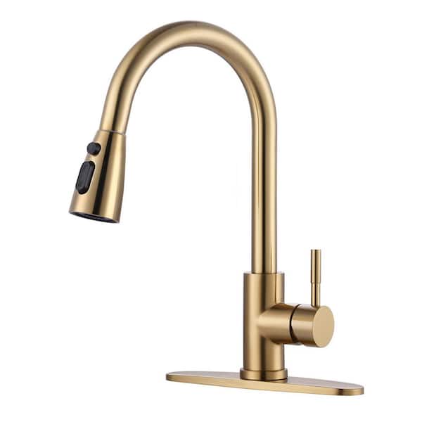 Brushed Gold 14 in. H Pull Out Sprayer Kitchen Faucet with Advanced Spray Single Handle Faucet 1 or 3 Hole