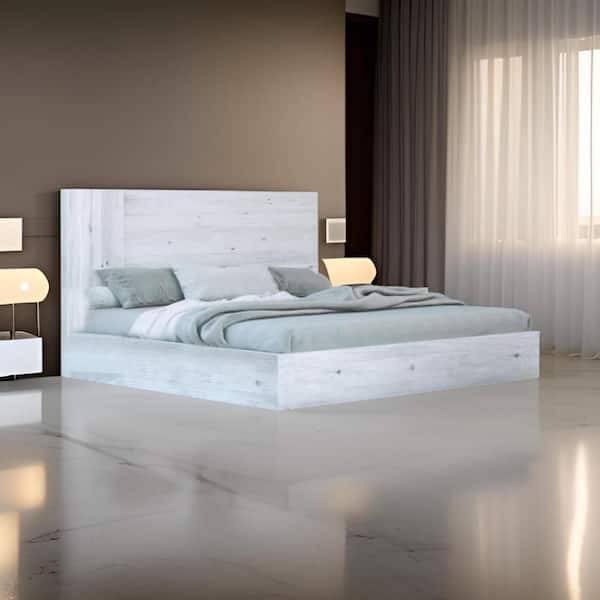Benjara Noe Zid White Wood Frame King Size Platform Bed with Headboard