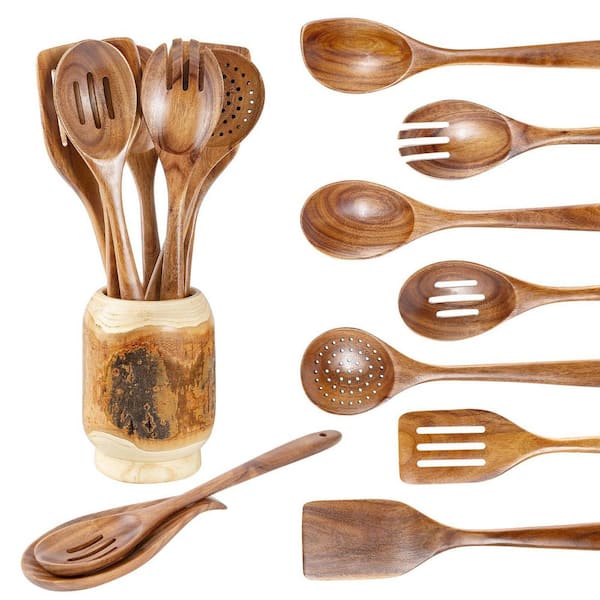 9-Piece 13 in. Teak Wood Utensils for Cooking with Utensils Holder,  Kitchen Utensils Set with Holder and Spoon Rest