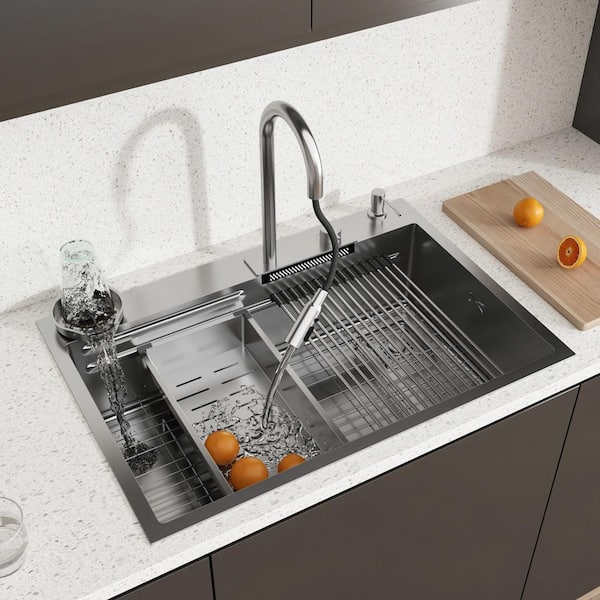 33.2 in. Drop-in Single Bowl Silver 304 Stainless Steel Kitchen Sink Flying Rain Waterfall Kitchen Sink Set
