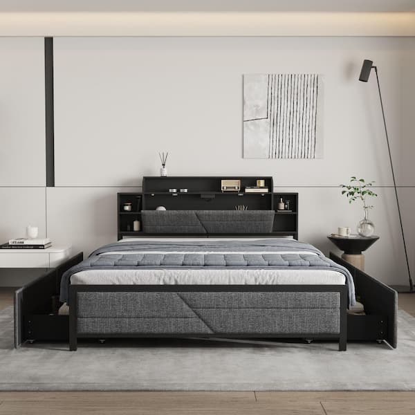 Black Metal Frame Queen Size Platform Bed with Storage Drawers, Power Outlets, Modern Panel Bed w/ Headboard, Bookshelf