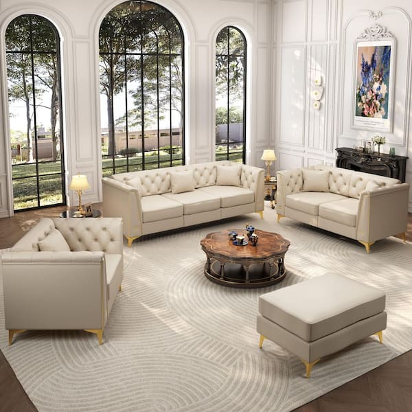 Noble House Modern Modular Chesterfield 4-Piece Beige and White Faux Leather Living Room Set with Ottoman and 4-Pillows 214811
