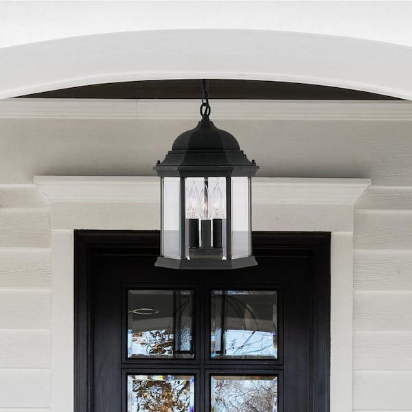 Designers Fountain Erving 3-Light Black Outdoor Hanging Pendant Lamp with Clear Glass Shade
