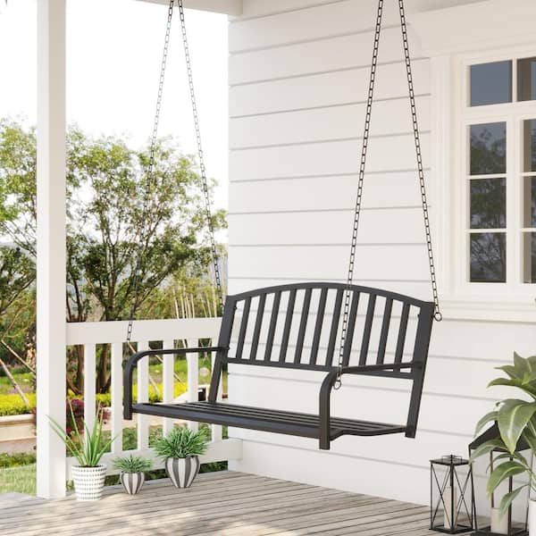 50 in.Seats 2-People Steel Patio Swing with Sturdy Chains, for Backyard, Deck, 528 lbs. Weight Capacity, Black